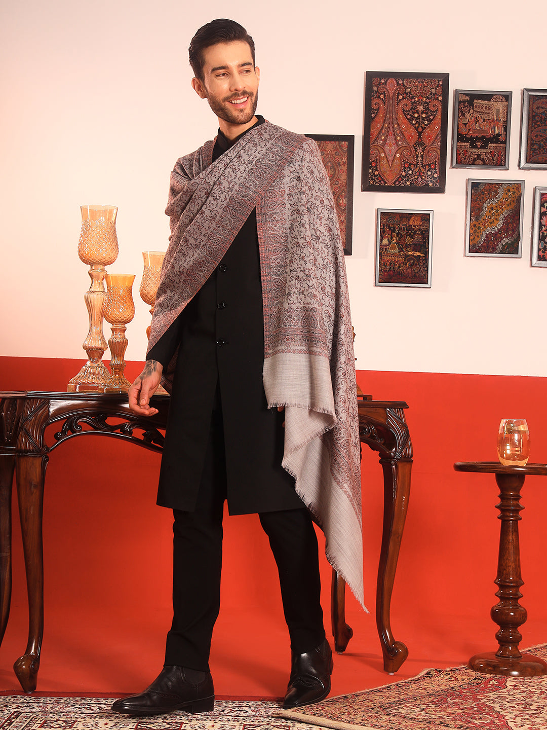 Pashmoda Men Meher Jaal Kashmiri Jamawar Woven Shawl (Size: 101X203 CM)