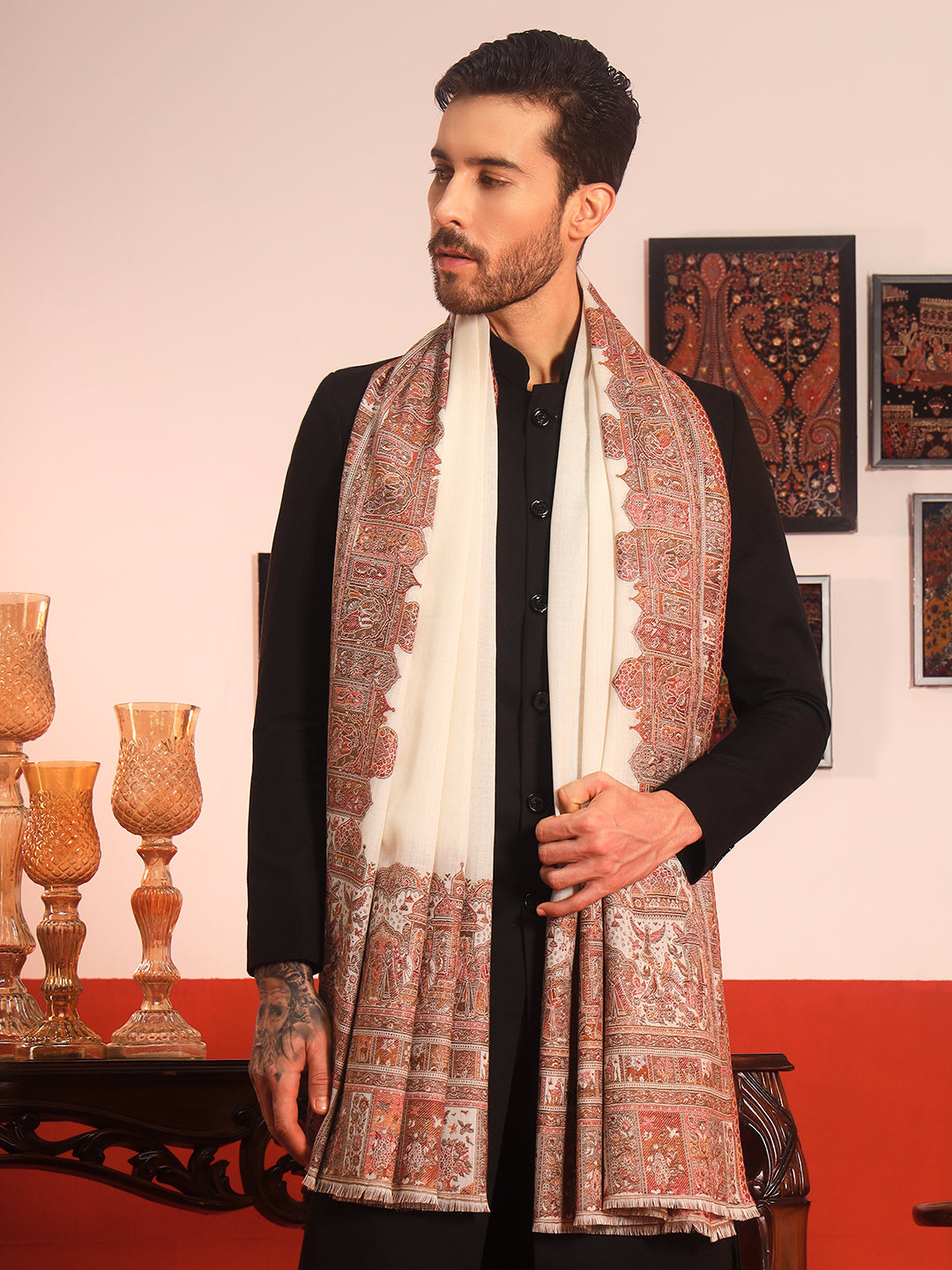 Pashmoda Men Arcadia Borders Kashmiri Jamawar Woven Shawl (Size: 101X203 CM)