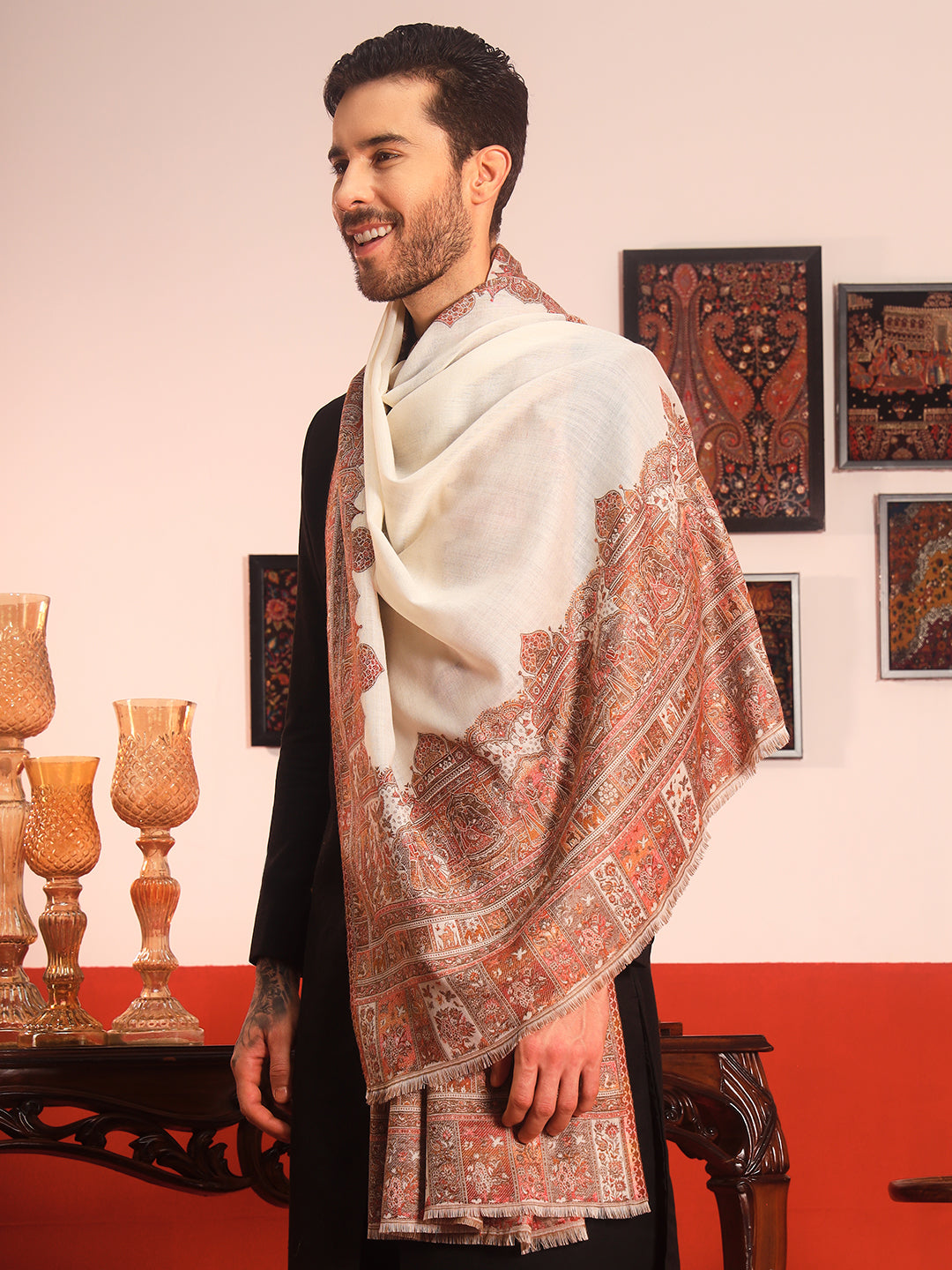 Pashmoda Men Arcadia Borders Kashmiri Jamawar Woven Shawl (Size: 101X203 CM)