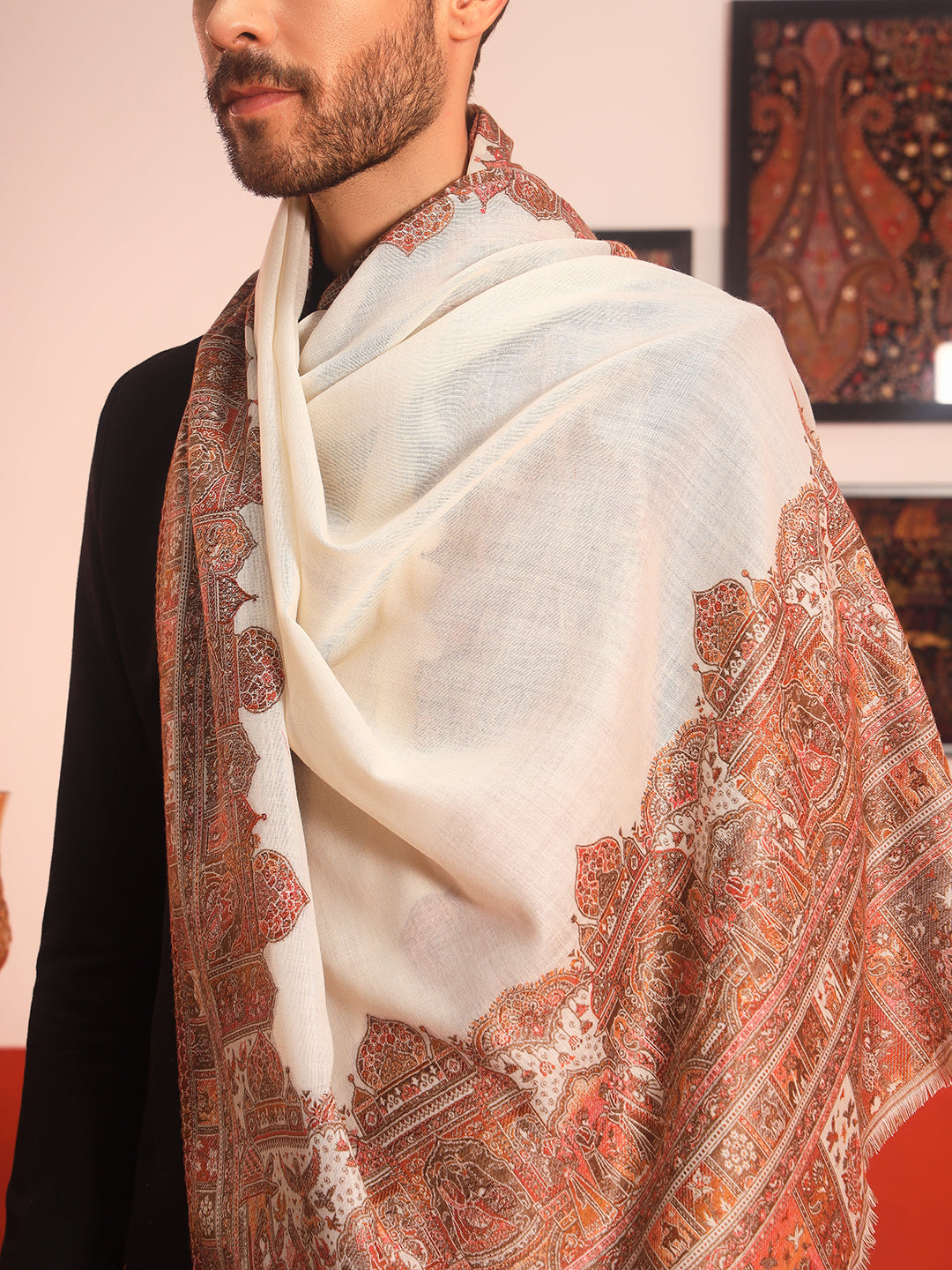 Pashmoda Men Arcadia Borders Kashmiri Jamawar Woven Shawl (Size: 101X203 CM)
