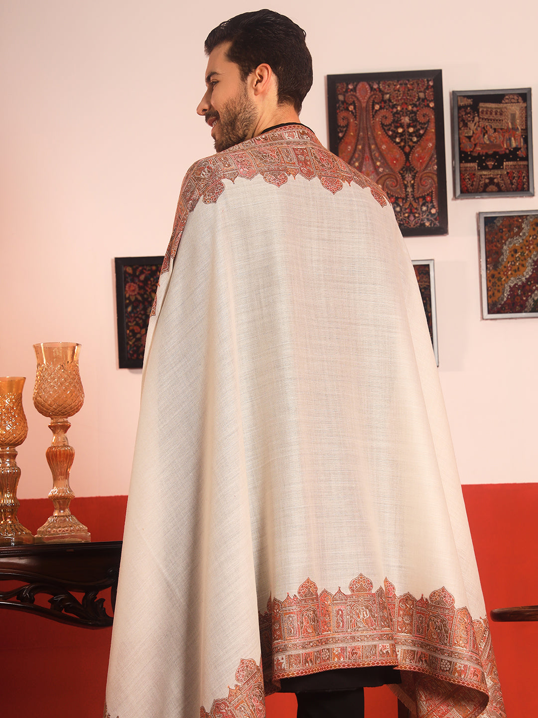 Pashmoda Men Arcadia Borders Kashmiri Jamawar Woven Shawl (Size: 101X203 CM)