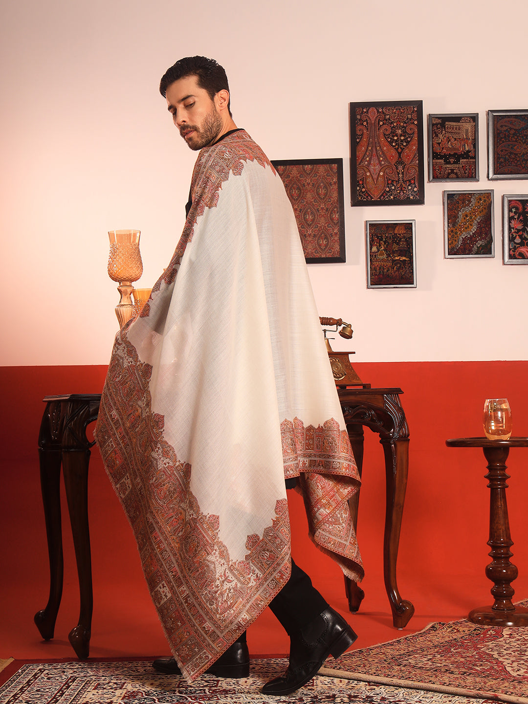 Pashmoda Men Arcadia Borders Kashmiri Jamawar Woven Shawl (Size: 101X203 CM)