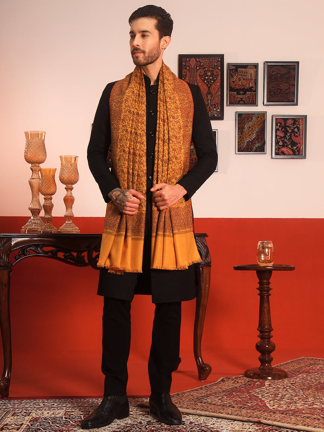 Pashmoda Men Meher Jaal Kashmiri Jamawar Woven Shawl (Size: 101X203 CM)