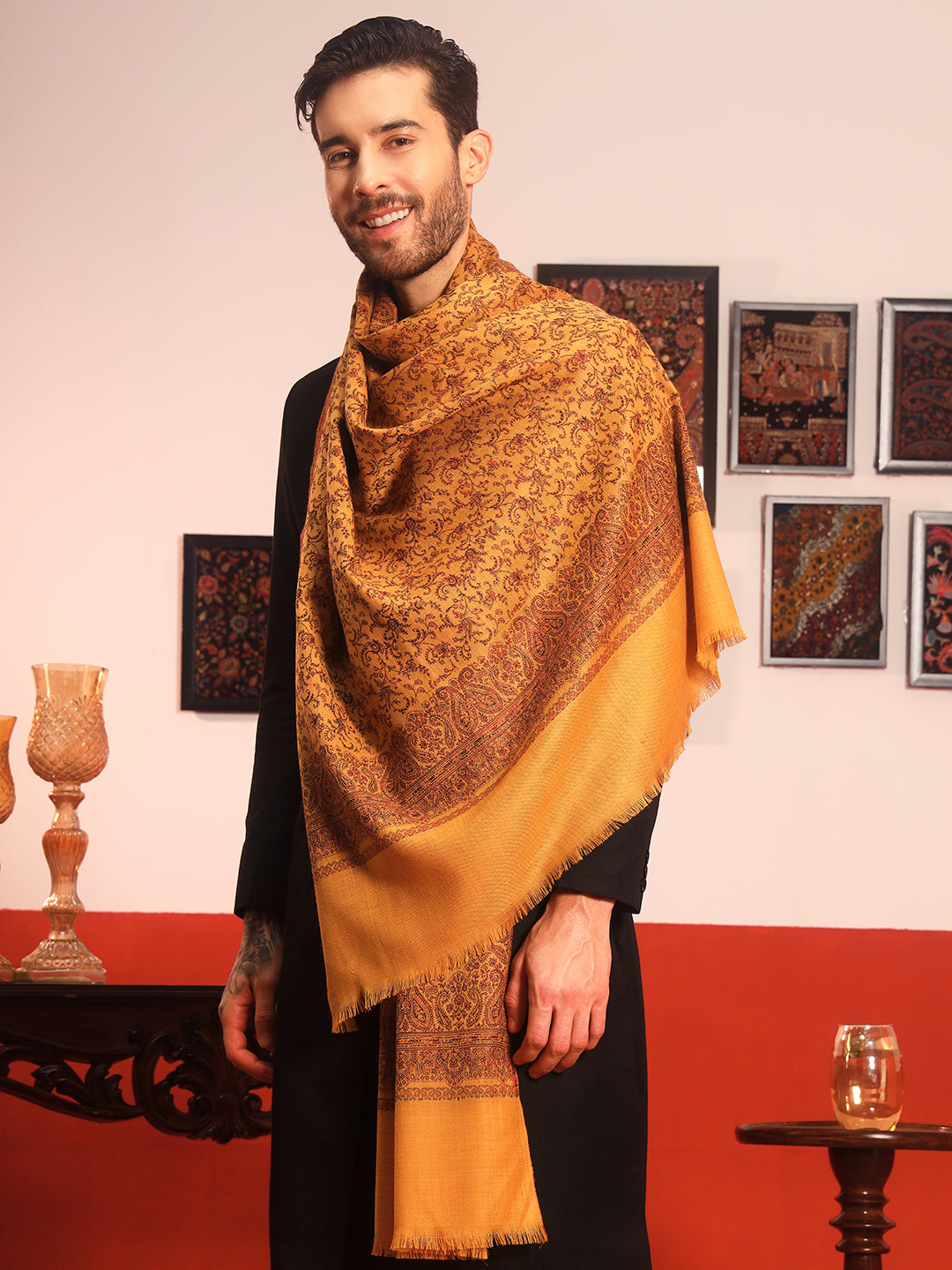 Pashmoda Men Meher Jaal Kashmiri Jamawar Woven Shawl (Size: 101X203 CM)