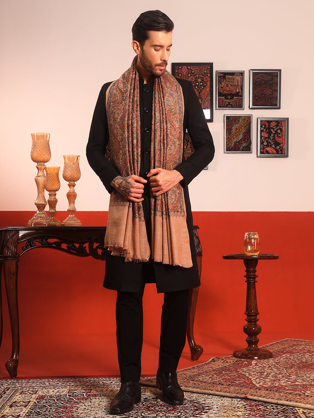 Pashmoda Men Rehnan 100% Pure Wool Sozni Hand Embroidered Shawl (Size: 101x203 Cm)