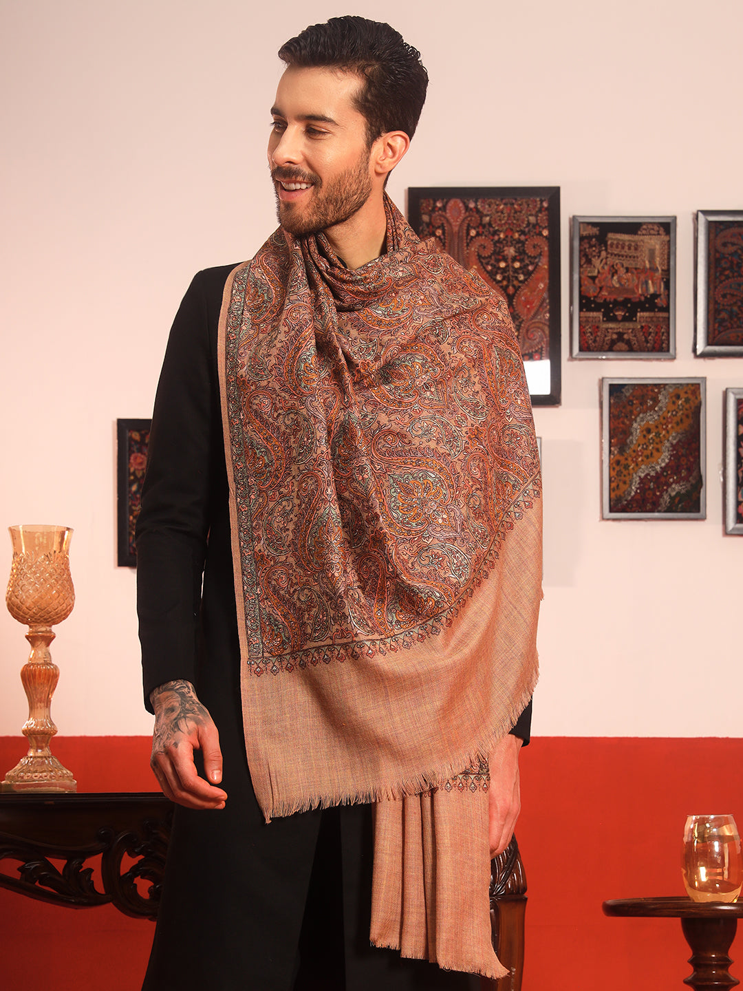 Pashmoda Men Rehnan 100% Pure Wool Sozni Hand Embroidered Shawl (Size: 101x203 Cm)