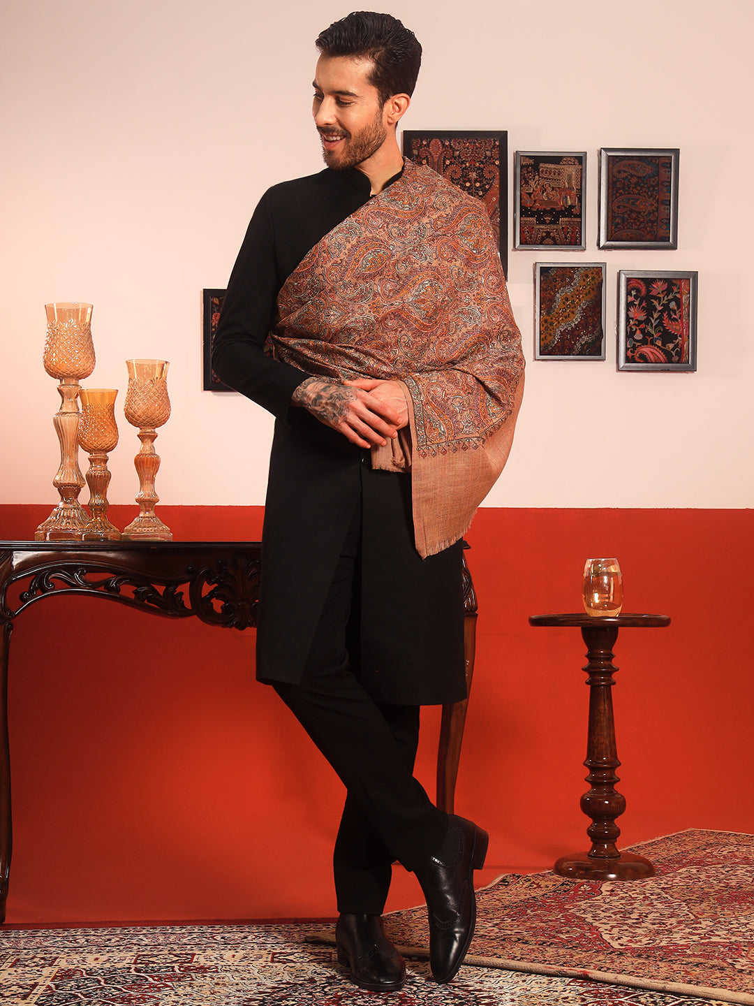 Pashmoda Men Rehnan 100% Pure Wool Sozni Hand Embroidered Shawl (Size: 101x203 Cm)