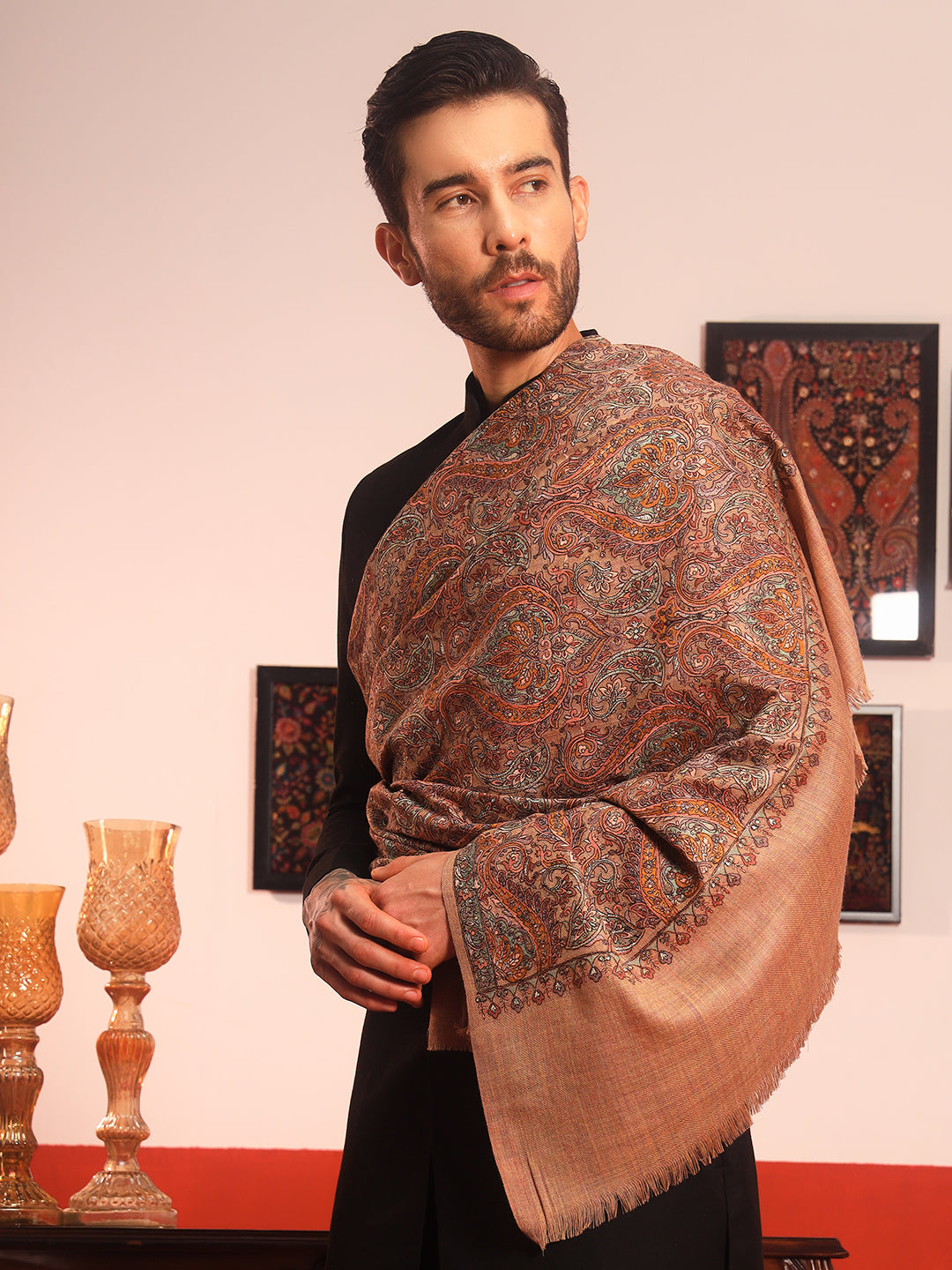 Pashmoda Men Rehnan 100% Pure Wool Sozni Hand Embroidered Shawl (Size: 101x203 Cm)