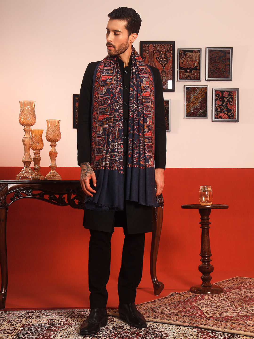 Pashmoda Men Arwina 100% Pure Wool Sozni Hand Embroidered Shawl (Size: 101x203 Cm)