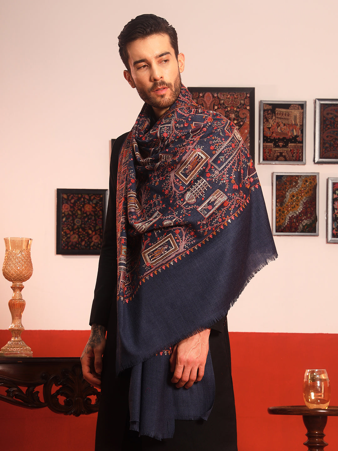 Pashmoda Men Arwina 100% Pure Wool Sozni Hand Embroidered Shawl (Size: 101x203 Cm)