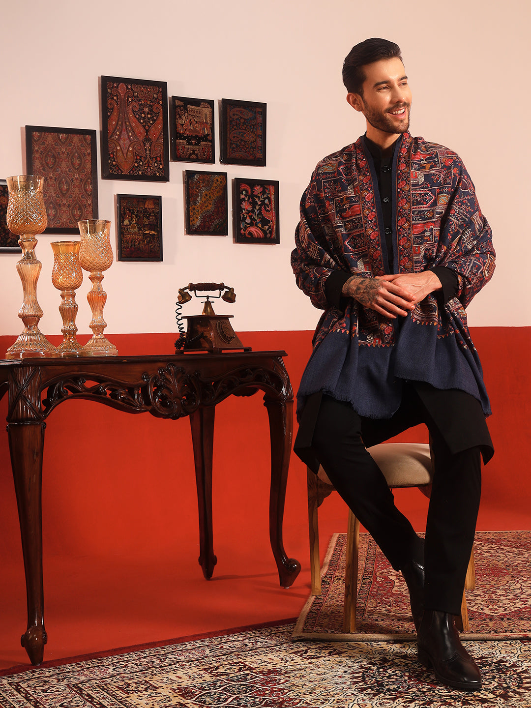 Pashmoda Men Arwina 100% Pure Wool Sozni Hand Embroidered Shawl (Size: 101x203 Cm)