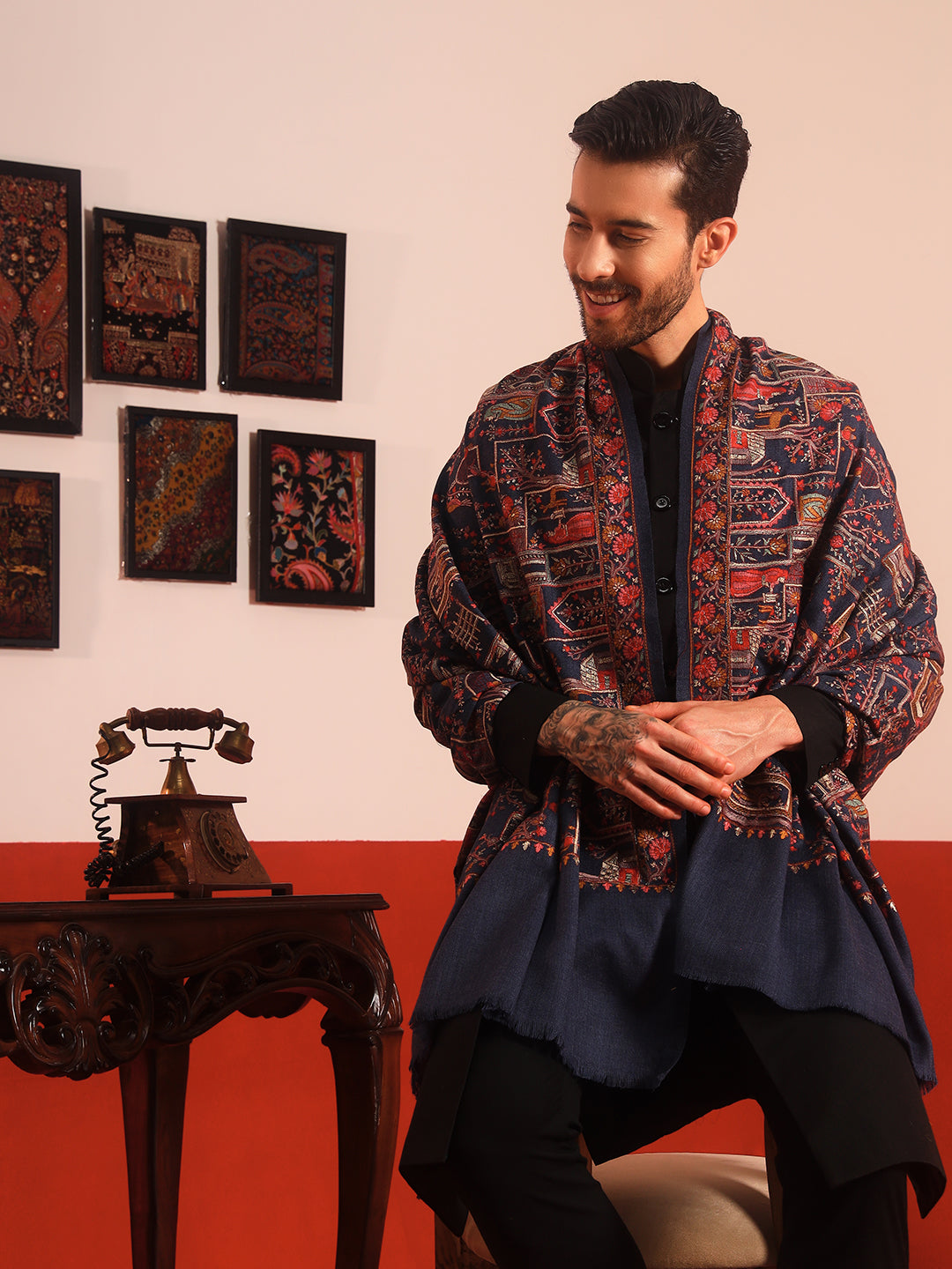 Pashmoda Men Arwina 100% Pure Wool Sozni Hand Embroidered Shawl (Size: 101x203 Cm)