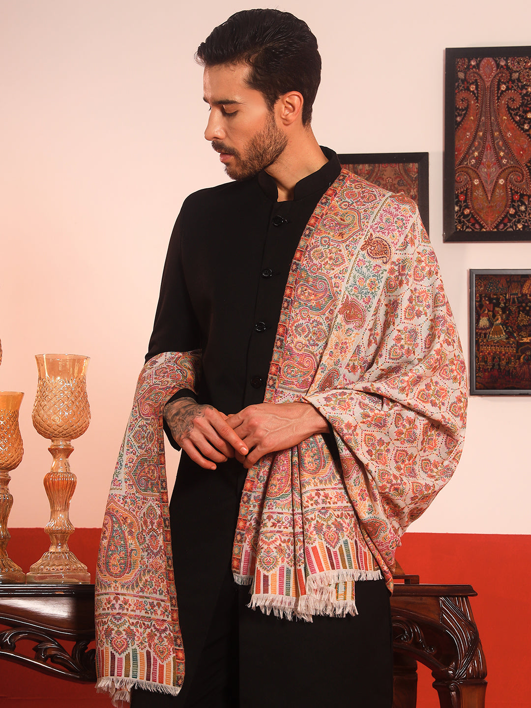 Pashmoda Men Gulraiz Kaani Wool Blend Kashmiri Shawl (Size: 101X203 CM)