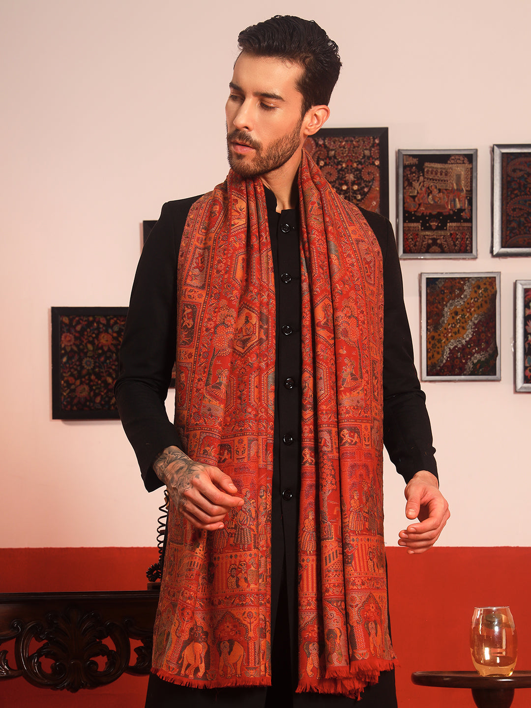 Pashmoda Men Darbari Kaani Wool Blend Kashmiri Shawl (Size: 101X203 CM)