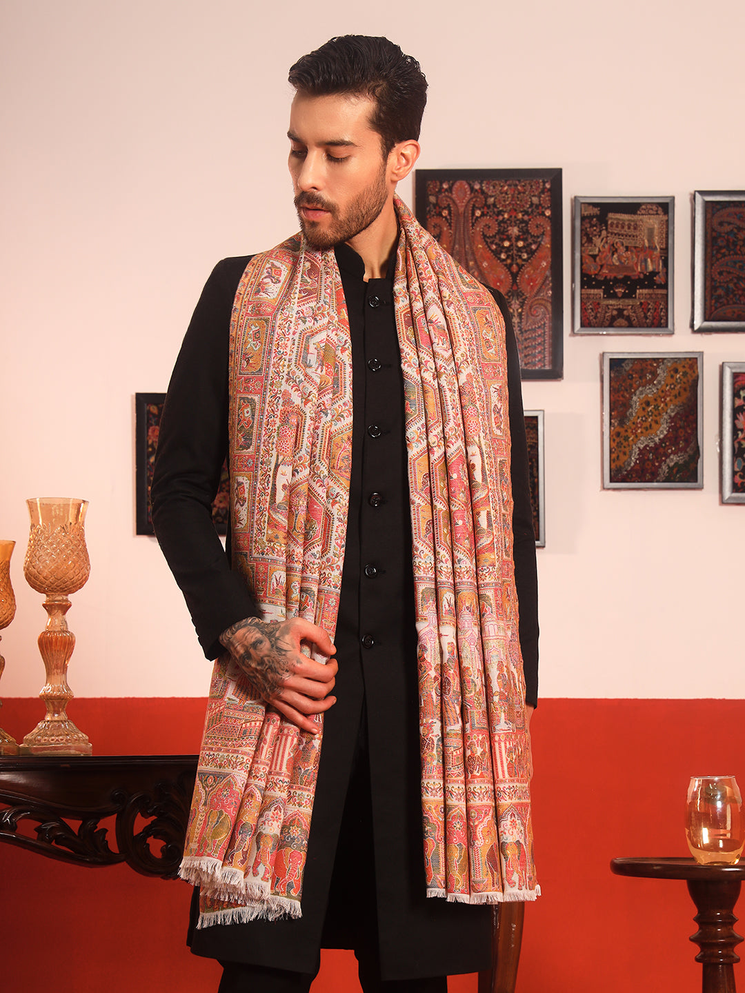 Pashmoda Men Darbari Kaani Wool Blend Kashmiri Shawl (Size: 101X203 CM)