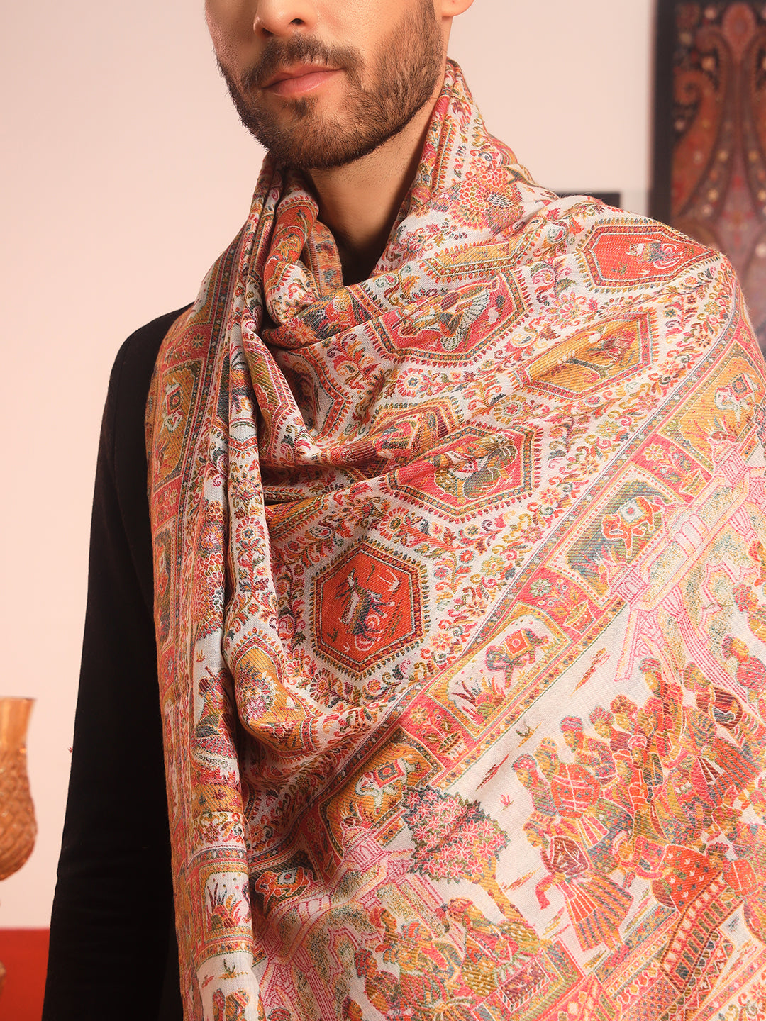 Pashmoda Men Darbari Kaani Wool Blend Kashmiri Shawl (Size: 101X203 CM)