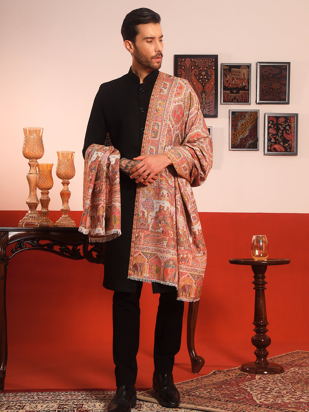 Pashmoda Men Darbari Kaani Wool Blend Kashmiri Shawl (Size: 101X203 CM)