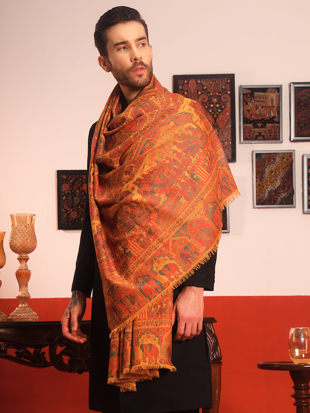 Pashmoda Men Darbari Kaani Wool Blend Kashmiri Shawl (Size: 101X203 CM)