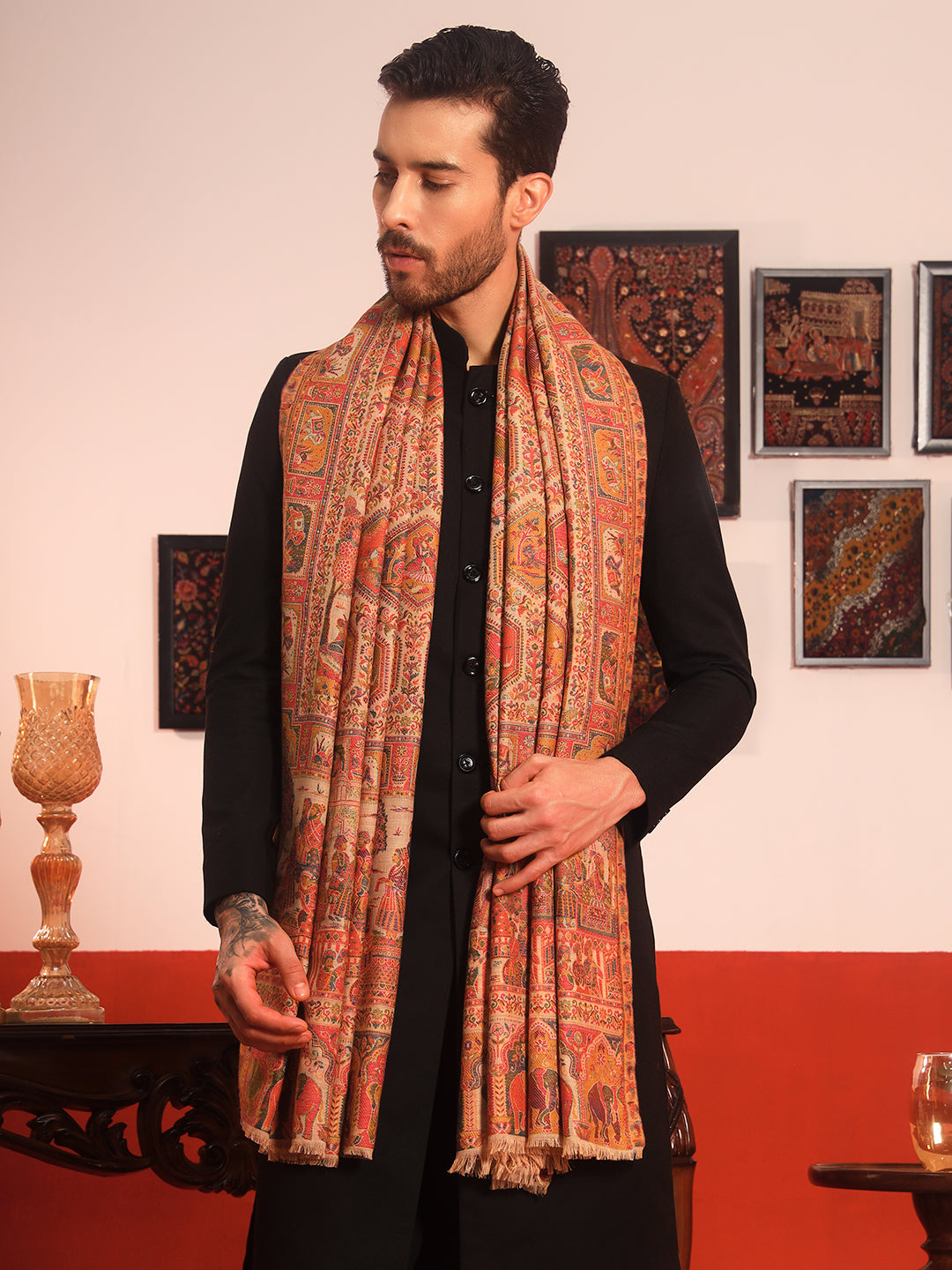 Pashmoda Men Darbari Kaani Wool Blend Kashmiri Shawl (Size: 101X203 CM)