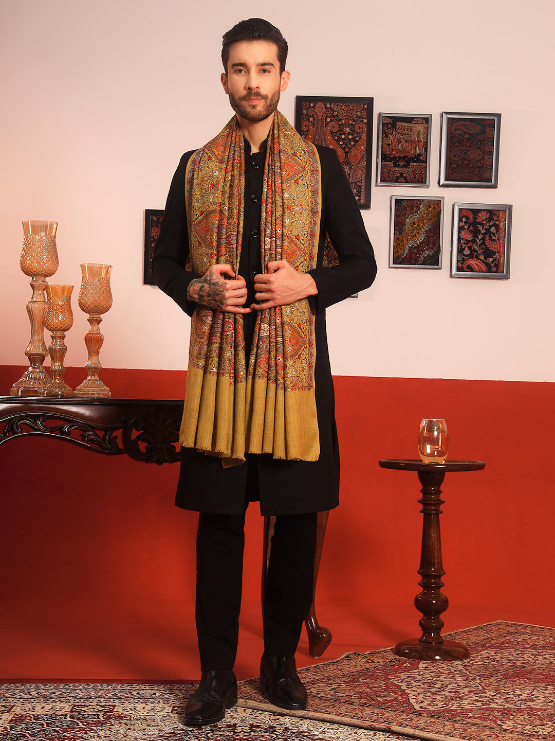 Pashmoda Men Mahnoor 100% Pure Wool Sozni Hand Embroidered Shawl (Size: 101x203 CM)