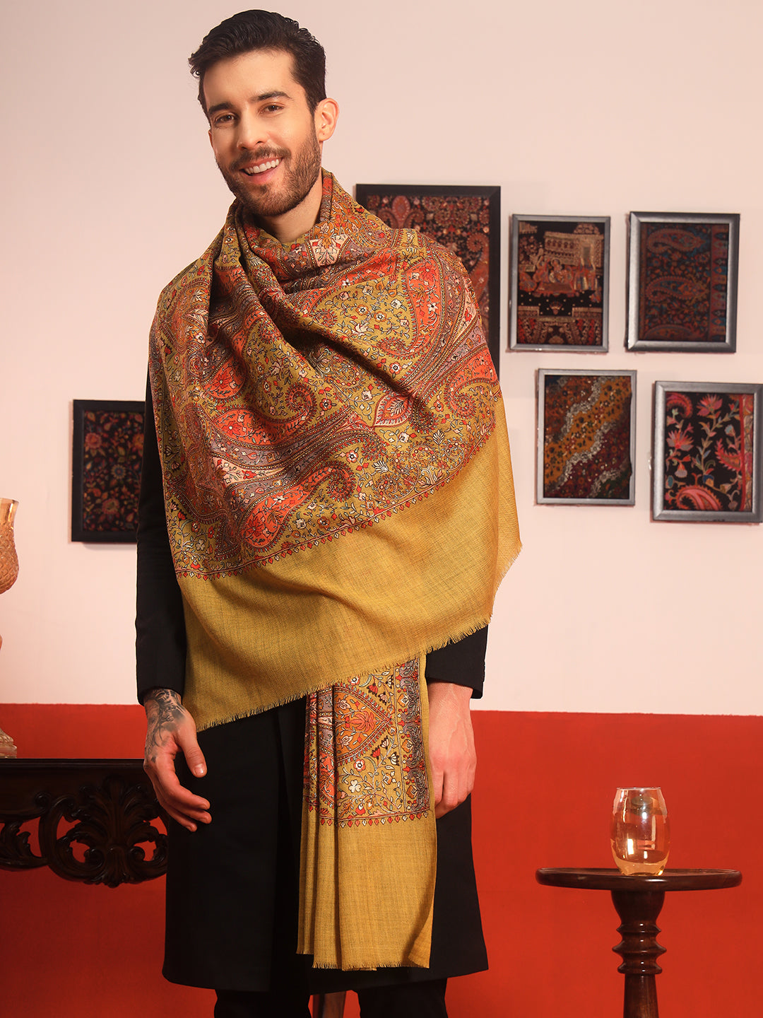 Pashmoda Men Mahnoor 100% Pure Wool Sozni Hand Embroidered Shawl (Size: 101x203 CM)