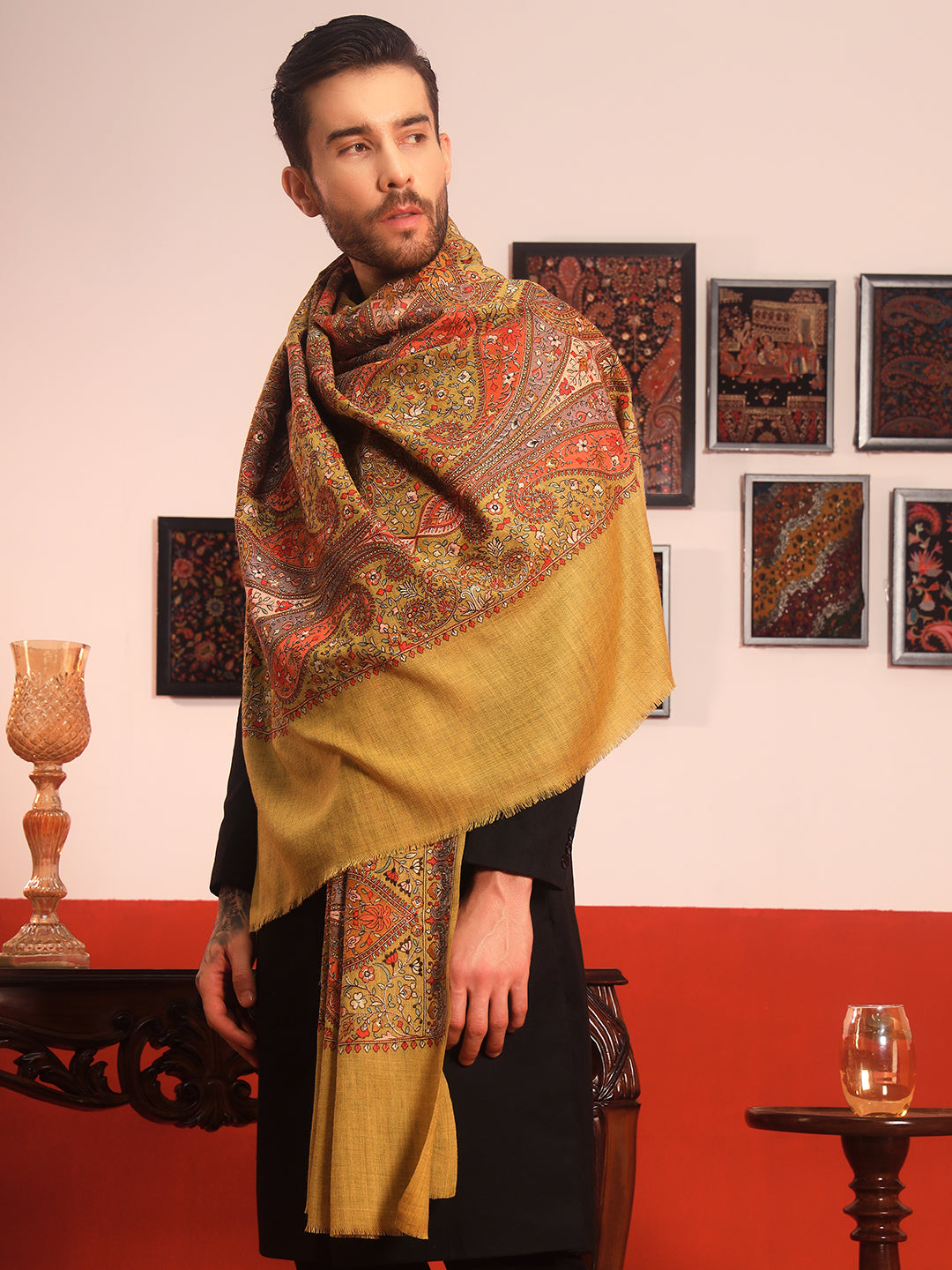 Pashmoda Men Mahnoor 100% Pure Wool Sozni Hand Embroidered Shawl (Size: 101x203 CM)