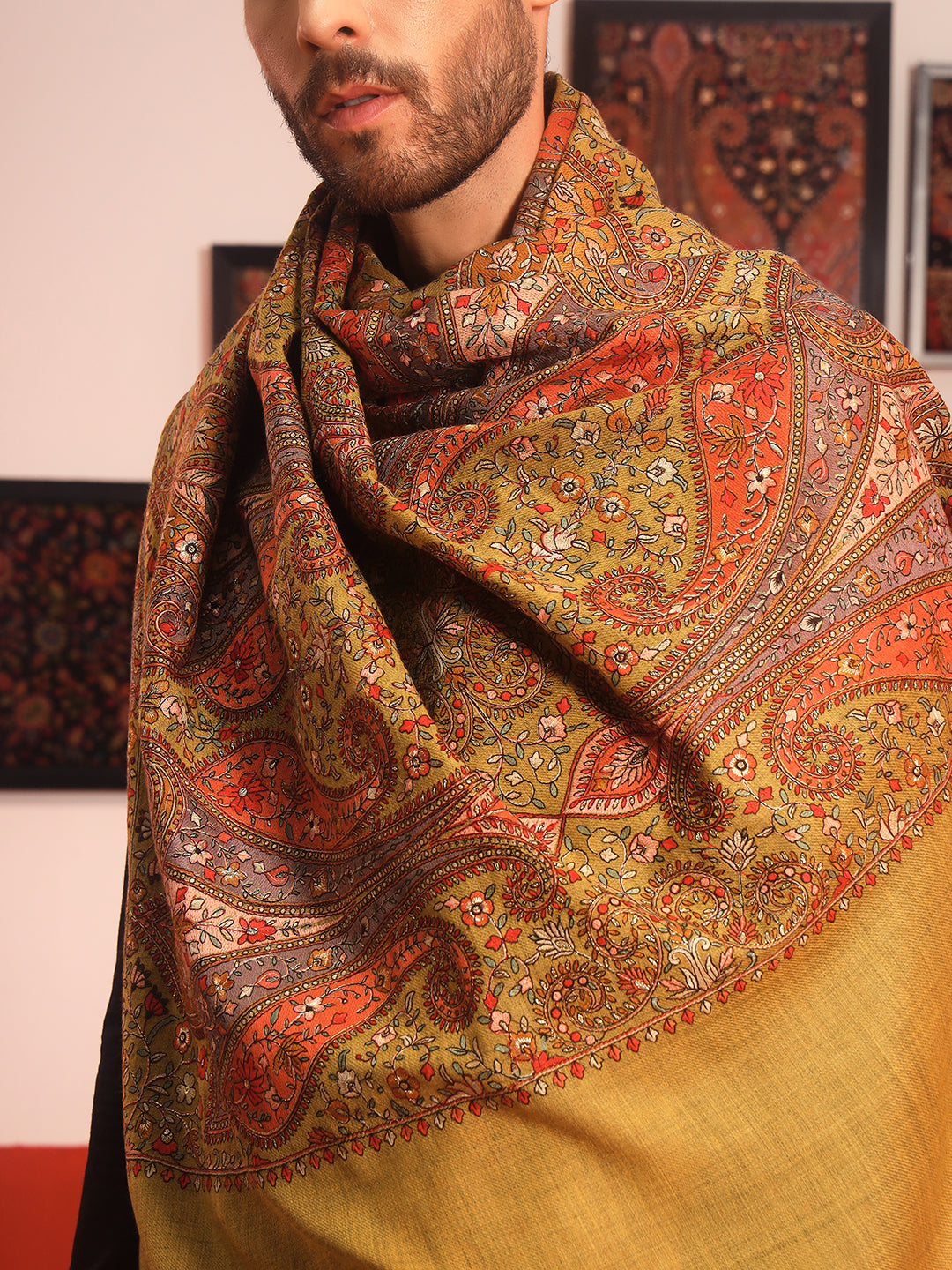 Pashmoda Men Mahnoor 100% Pure Wool Sozni Hand Embroidered Shawl (Size: 101x203 CM)