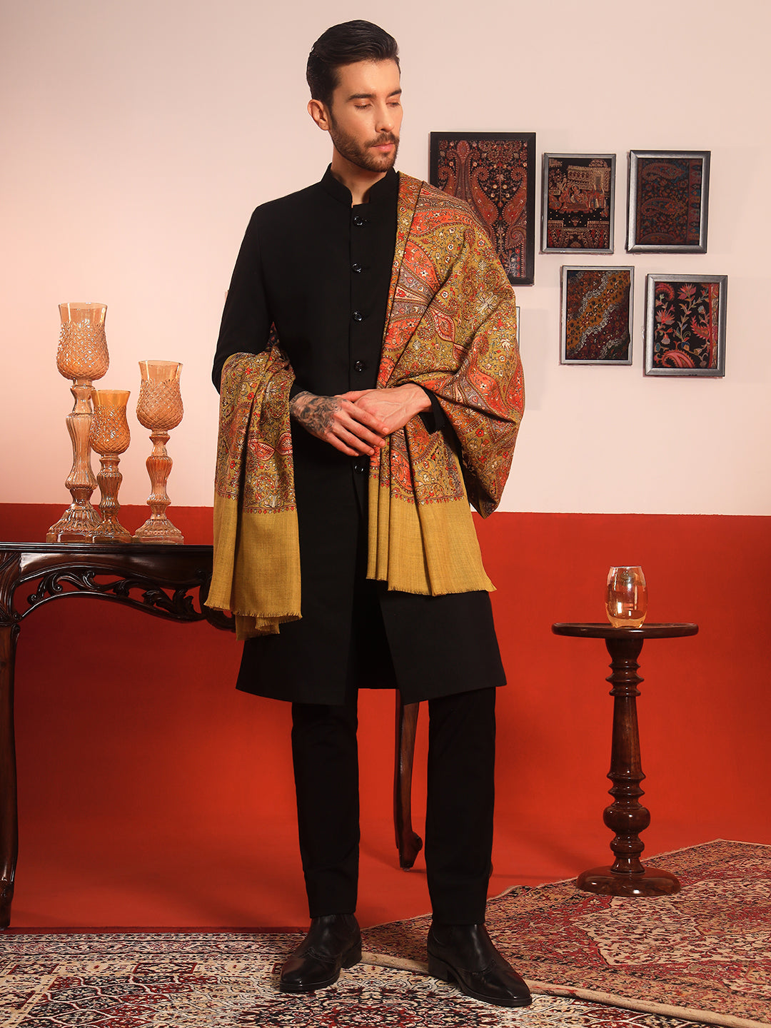 Pashmoda Men Mahnoor 100% Pure Wool Sozni Hand Embroidered Shawl (Size: 101x203 CM)