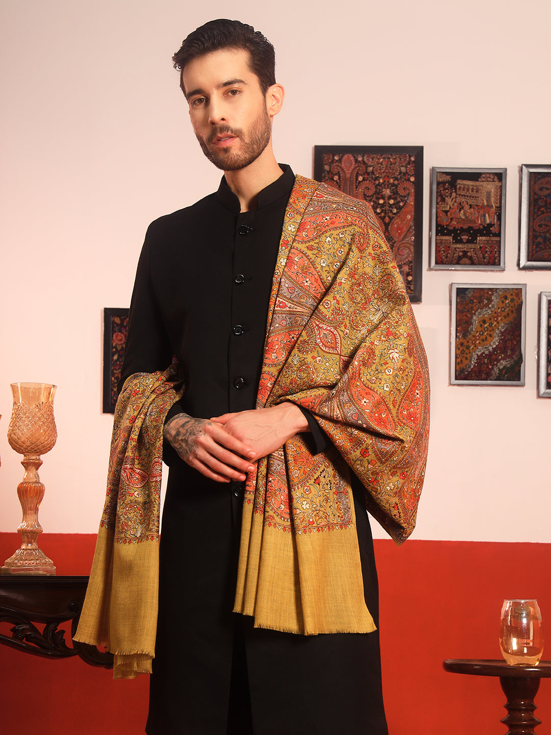 Pashmoda Men Mahnoor 100% Pure Wool Sozni Hand Embroidered Shawl (Size: 101x203 CM)