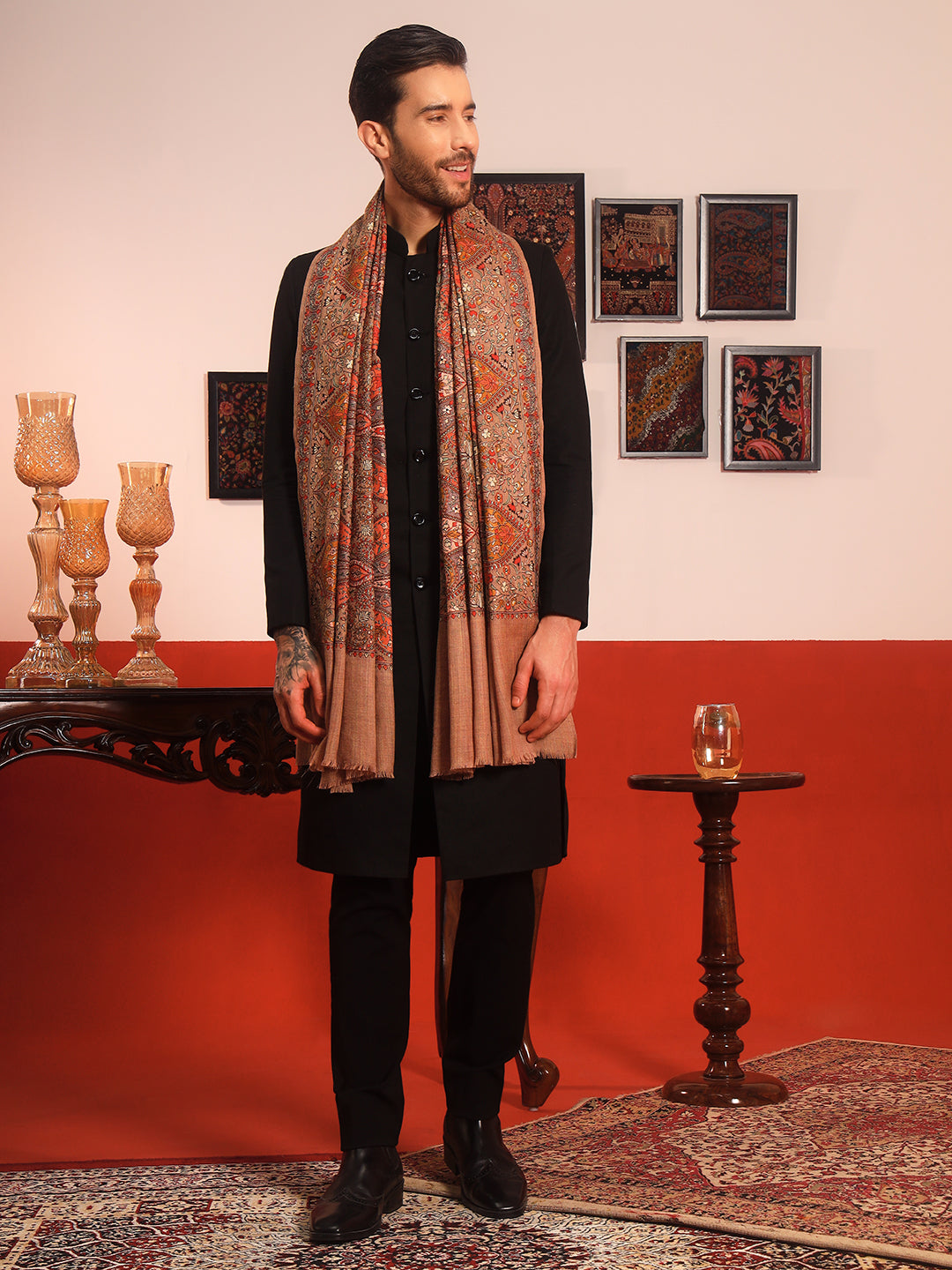 Pashmoda Men Mahnoor 100% Pure Wool Sozni Hand Embroidered Shawl (Size: 101x203 CM)