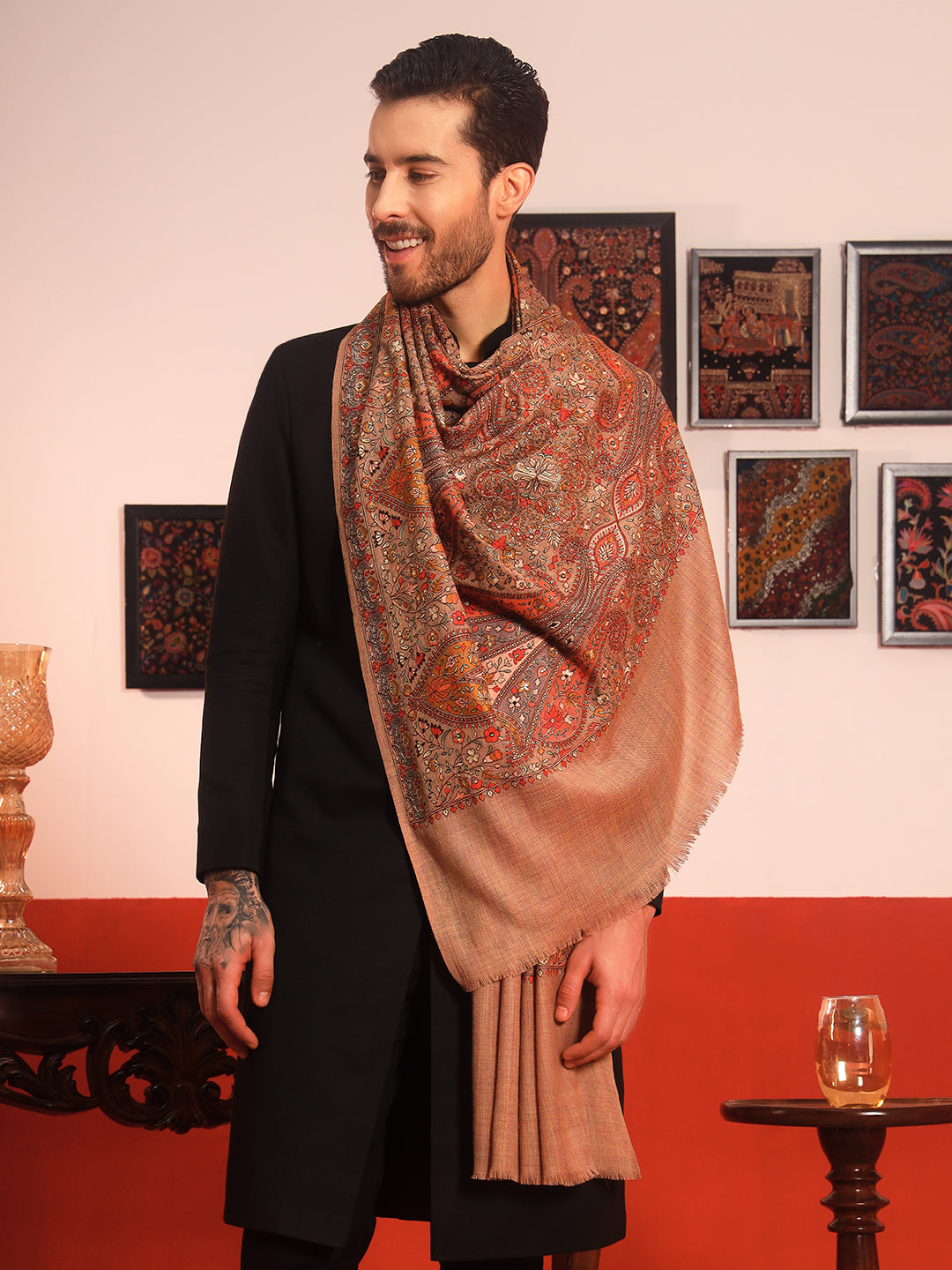 Pashmoda Men Mahnoor 100% Pure Wool Sozni Hand Embroidered Shawl (Size: 101x203 CM)