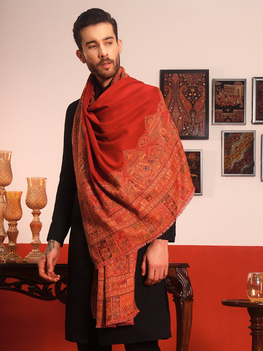 Pashmoda Men Arcadia Borders Kashmiri Jamawar Woven Shawl (Size: 101X203 CM)