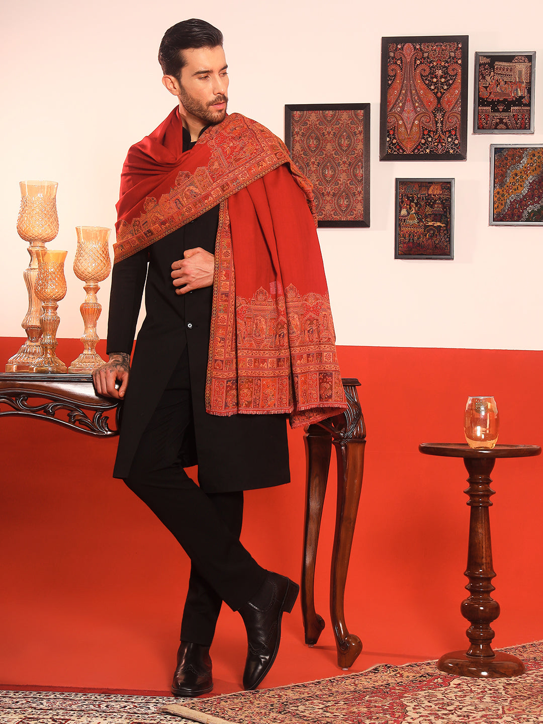 Pashmoda Men Arcadia Borders Kashmiri Jamawar Woven Shawl (Size: 101X203 CM)