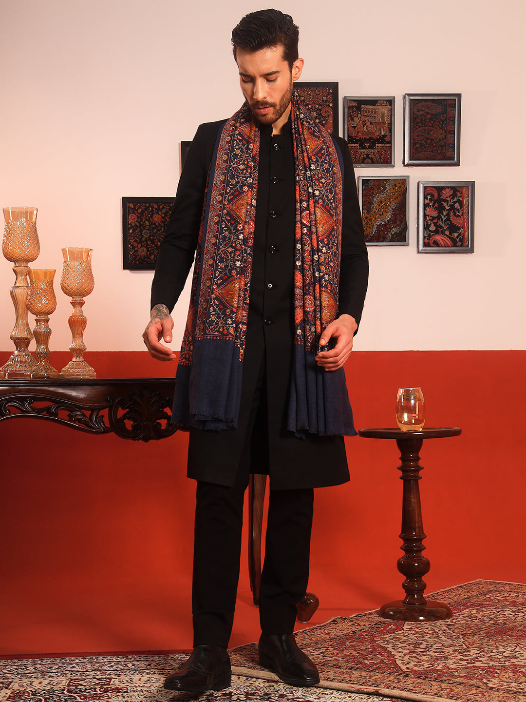 Pashmoda Men Mahnoor 100% Pure Wool Sozni Hand Embroidered Shawl (Size: 101x203 CM)