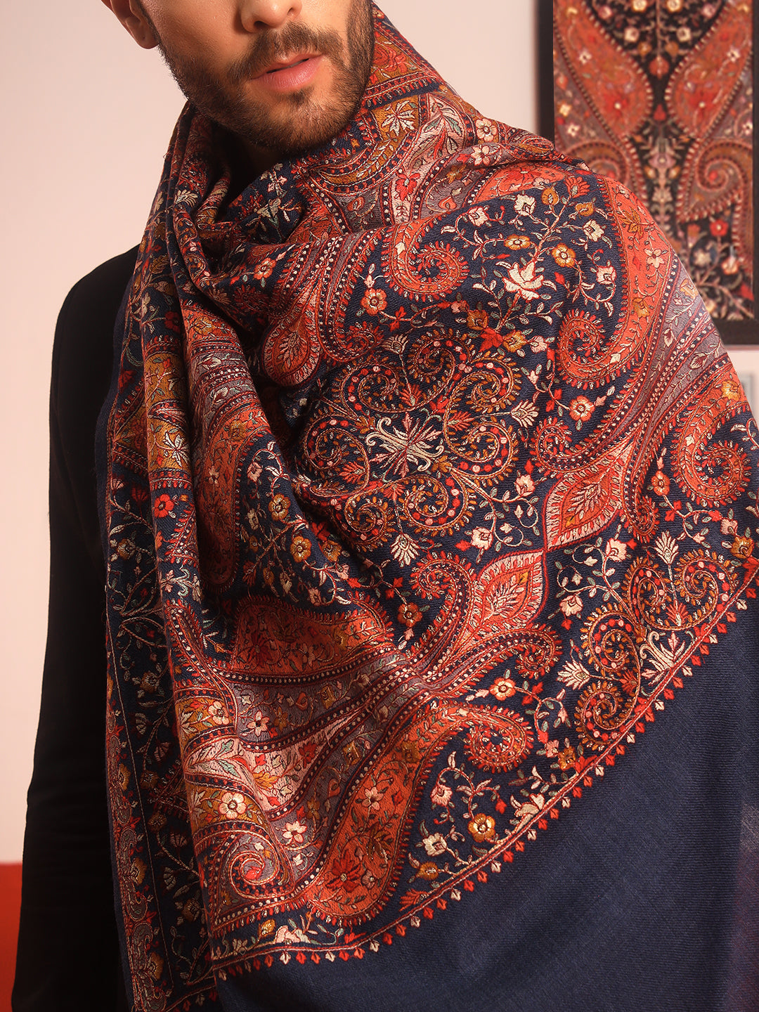 Pashmoda Men Mahnoor 100% Pure Wool Sozni Hand Embroidered Shawl (Size: 101x203 CM)