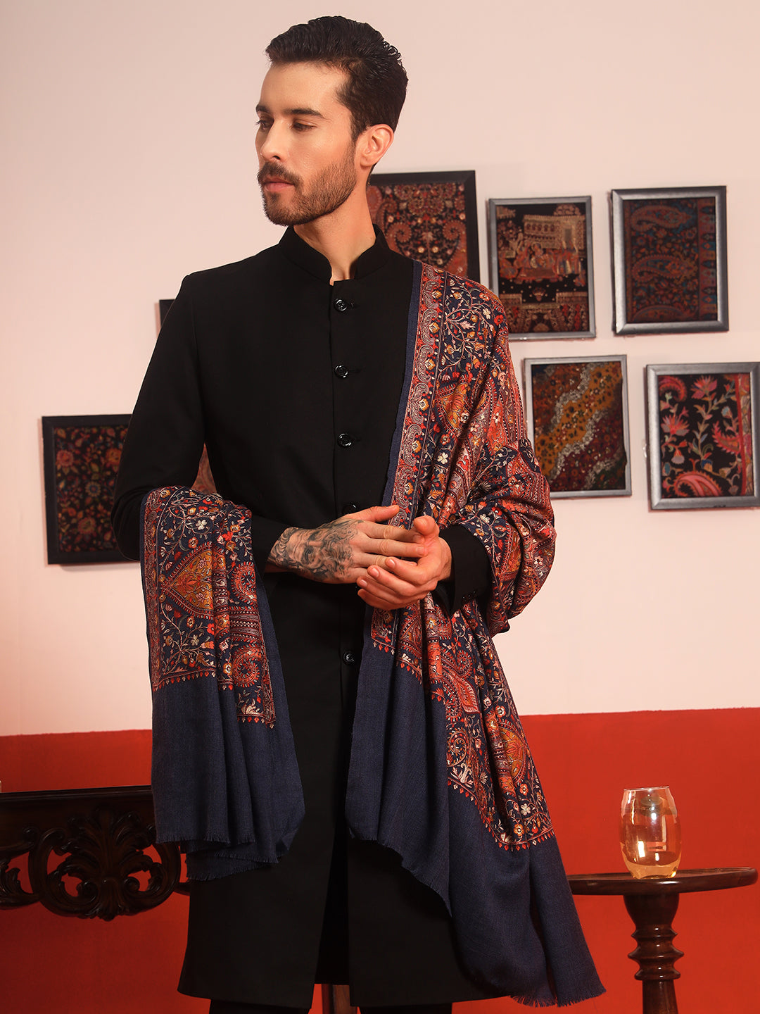 Pashmoda Men Mahnoor 100% Pure Wool Sozni Hand Embroidered Shawl (Size: 101x203 CM)