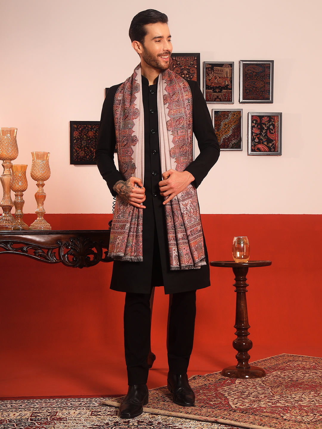 Pashmoda Men Arcadia Borders Kashmiri Jamawar Woven Shawl (Size: 101X203 CM)