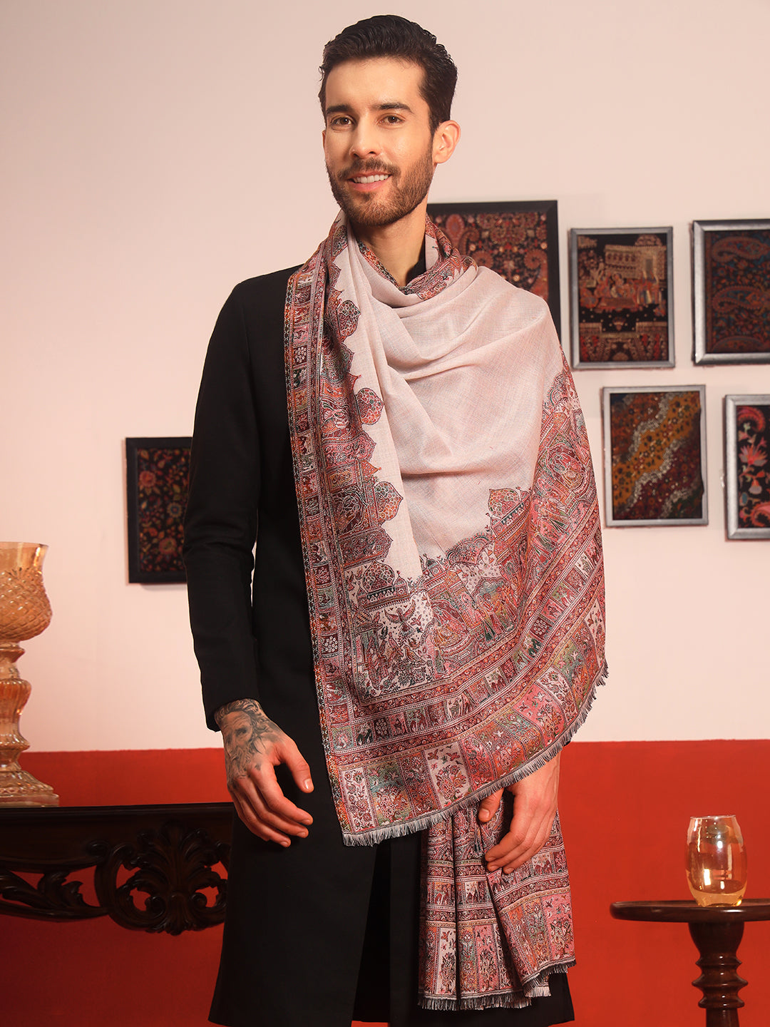 Pashmoda Men Arcadia Borders Kashmiri Jamawar Woven Shawl (Size: 101X203 CM)