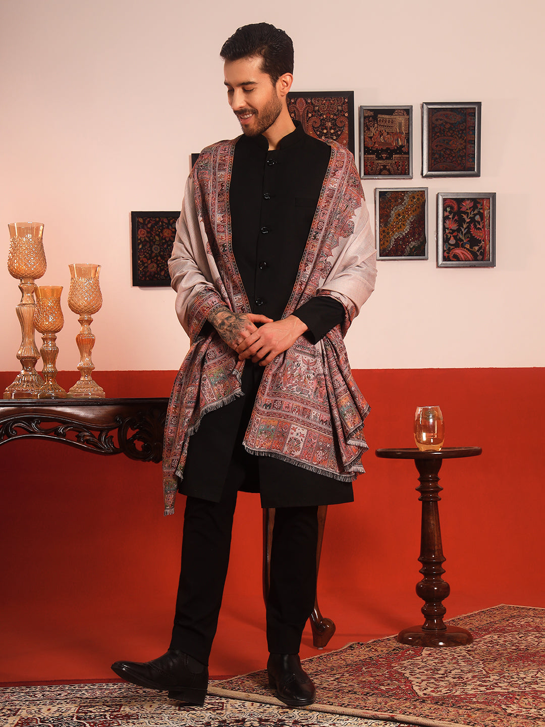 Pashmoda Men Arcadia Borders Kashmiri Jamawar Woven Shawl (Size: 101X203 CM)