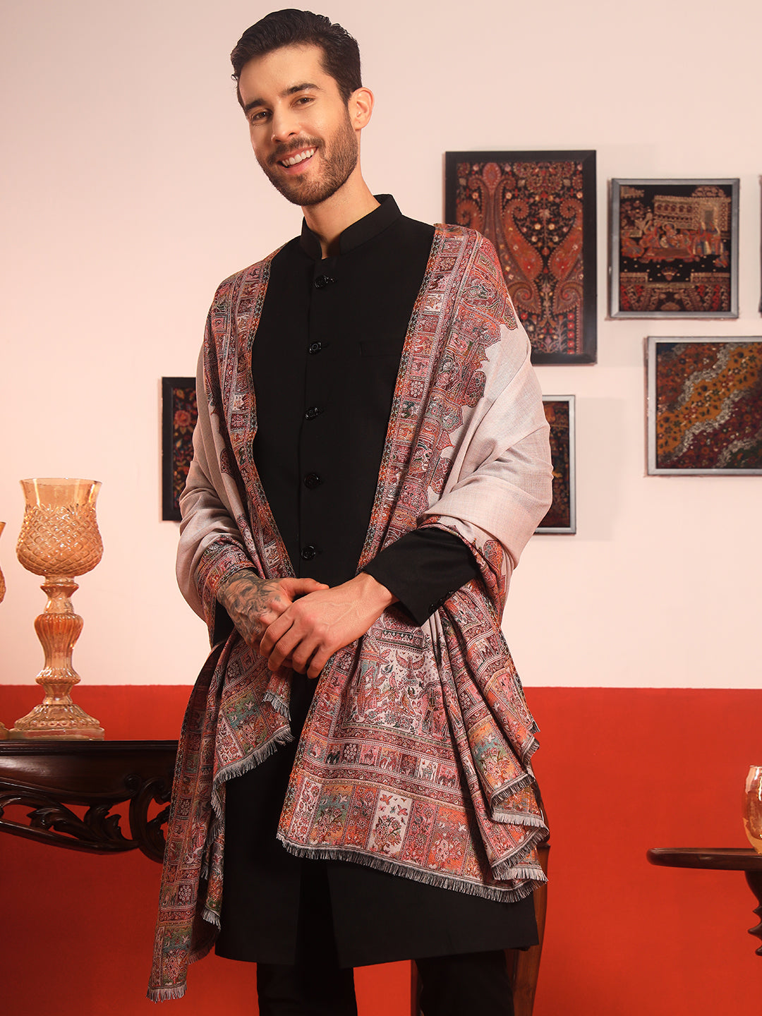 Pashmoda Men Arcadia Borders Kashmiri Jamawar Woven Shawl (Size: 101X203 CM)