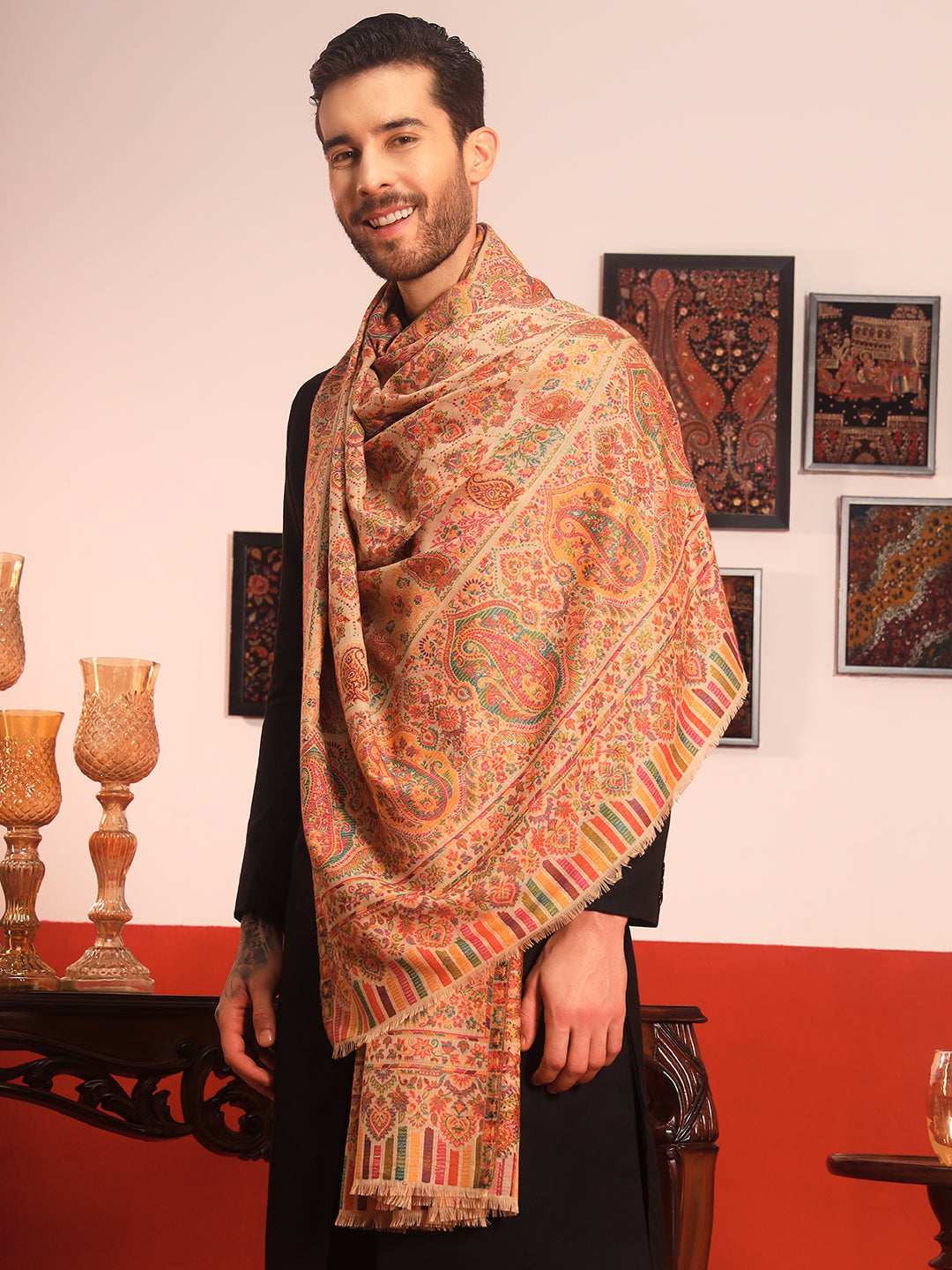 Pashmoda Men Gulraiz Kaani Wool Blend Kashmiri Shawl (Size: 101X203 CM)