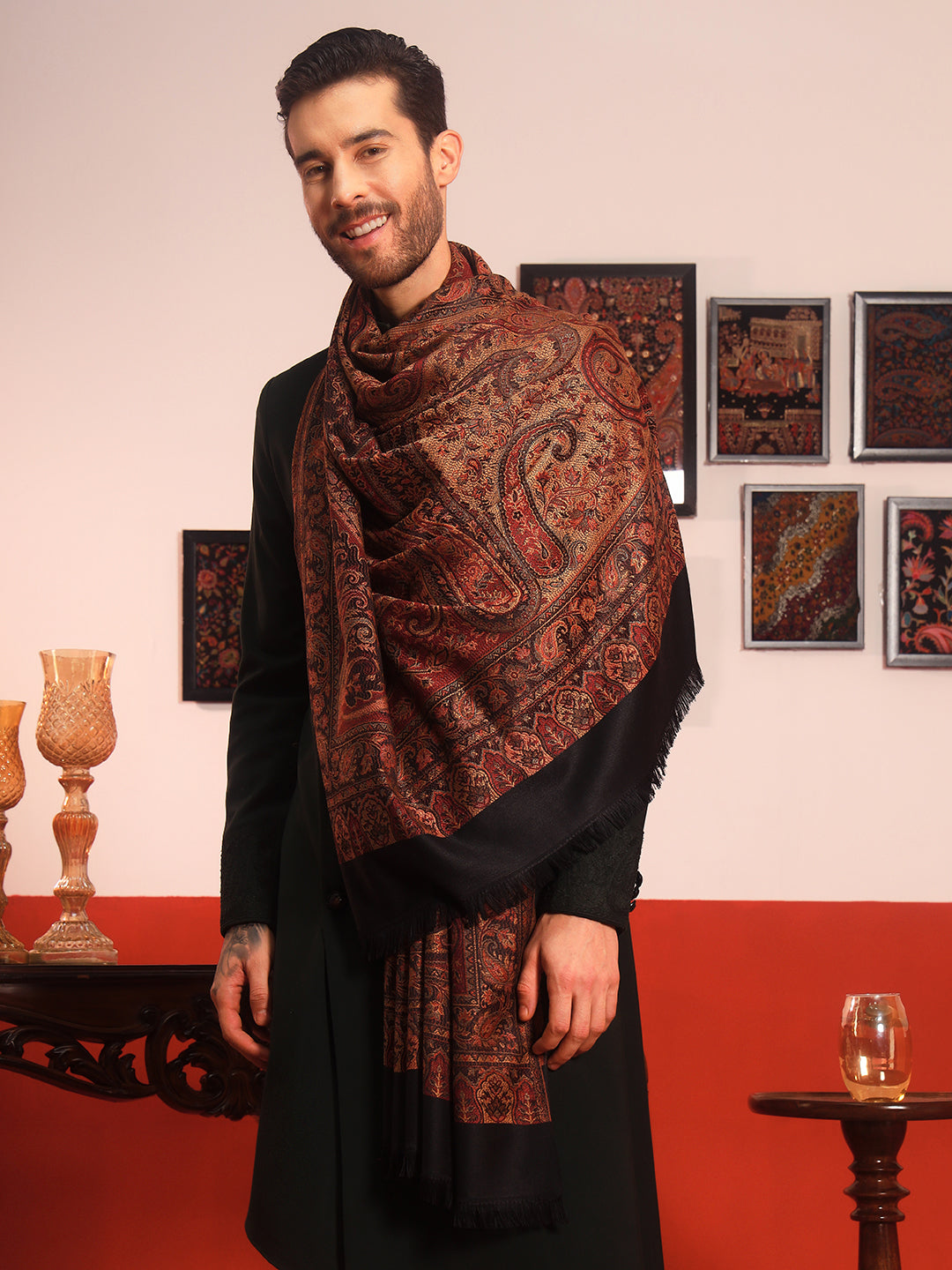 Men Shahnaz Jamawar Woollen Shawl (Size: 101x203 CM)