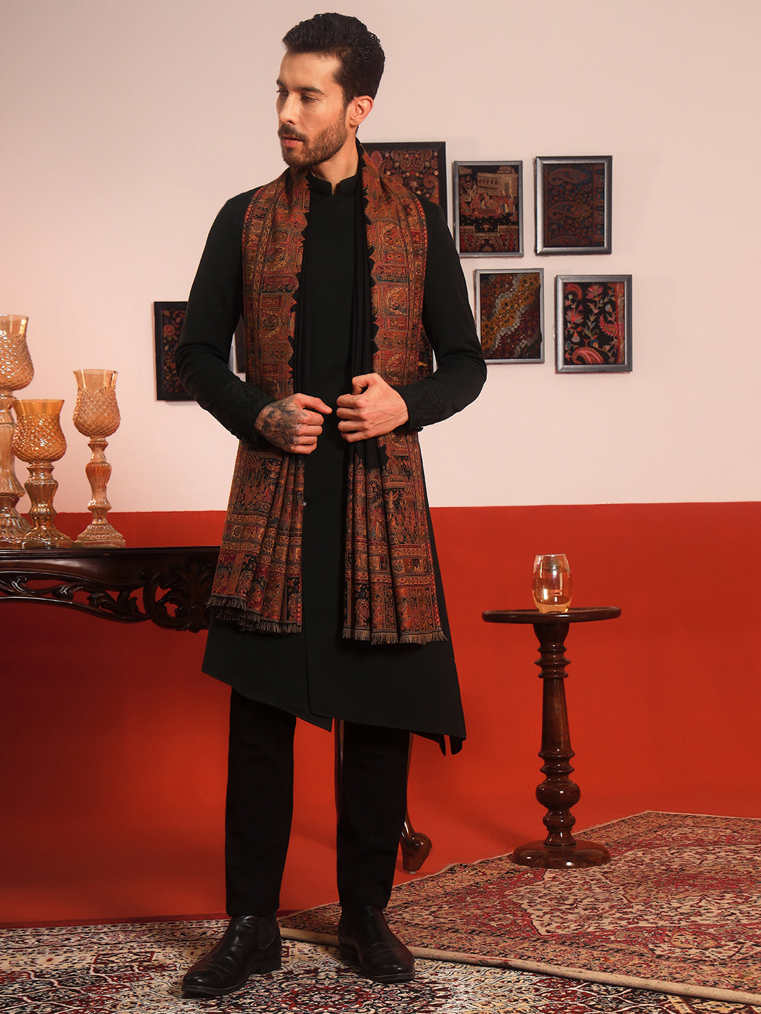 Pashmoda Men Arcadia Borders Kashmiri Jamawar Woven Shawl (Size: 101X203 CM)