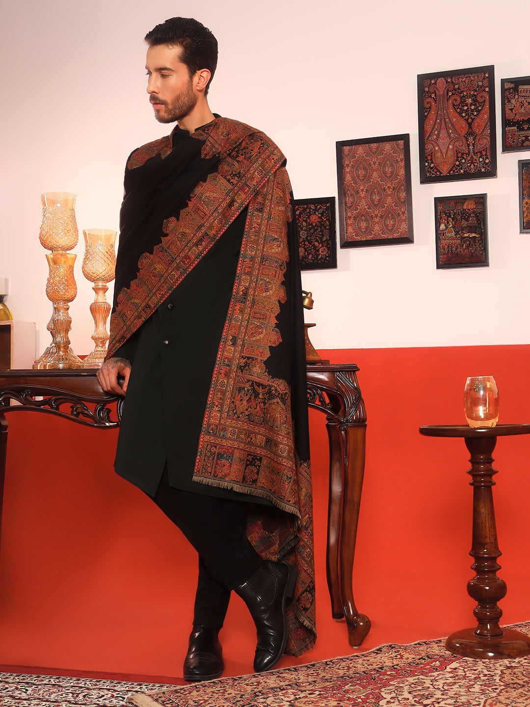 Pashmoda Men Arcadia Borders Kashmiri Jamawar Woven Shawl (Size: 101X203 CM)