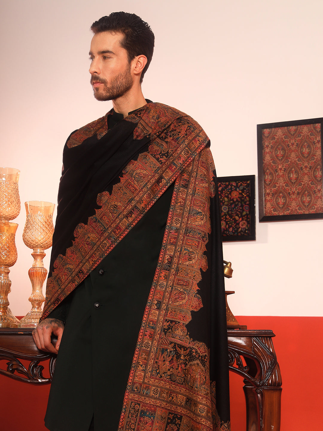 Pashmoda Men Arcadia Borders Kashmiri Jamawar Woven Shawl (Size: 101X203 CM)