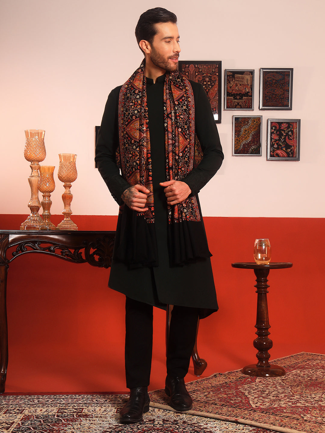 Pashmoda Men Mahnoor 100% Pure Wool Sozni Hand Embroidered Shawl (Size: 101x203 CM)