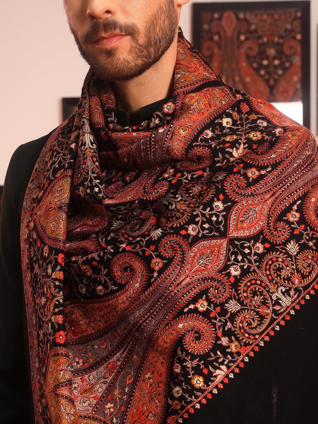 Pashmoda Men Mahnoor 100% Pure Wool Sozni Hand Embroidered Shawl (Size: 101x203 CM)