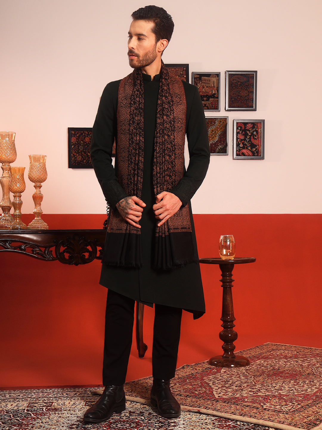 Pashmoda Men Meher Jaal Kashmiri Jamawar Woven Shawl (Size: 101X203 CM)