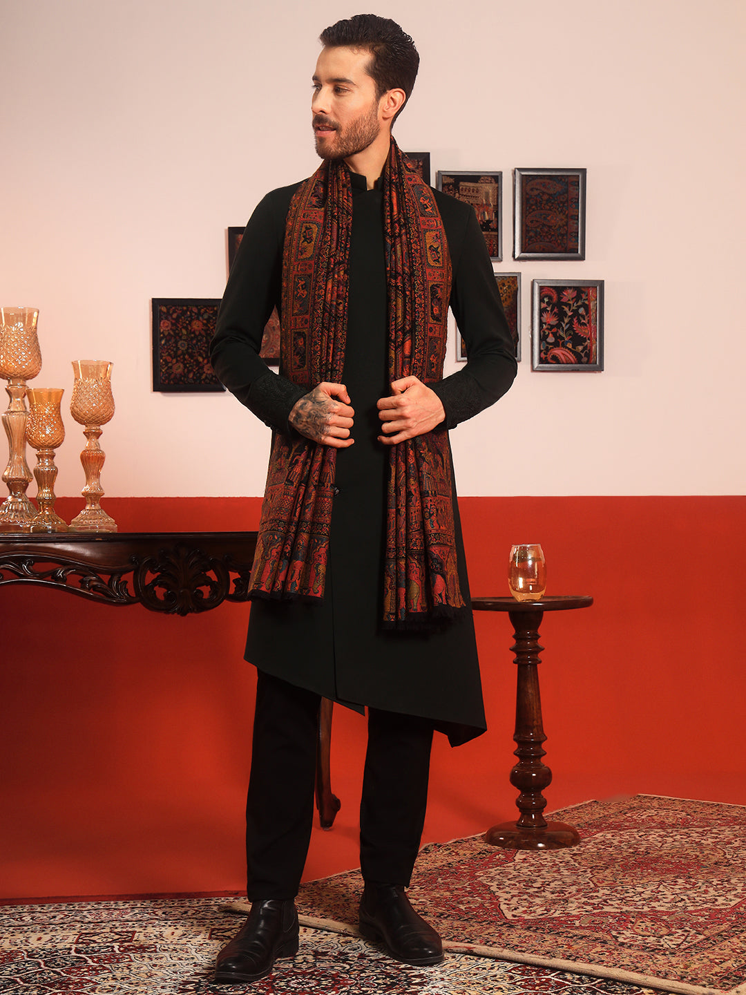 Pashmoda Men Darbari Kaani Wool Blend Kashmiri Shawl (Size: 101X203 CM)