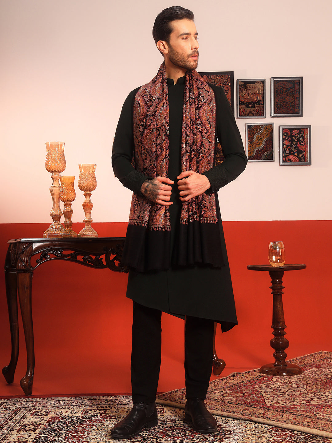 Pashmoda Men Rehnan 100% Pure Wool Sozni Hand Embroidered Shawl (Size: 101x203 Cm)